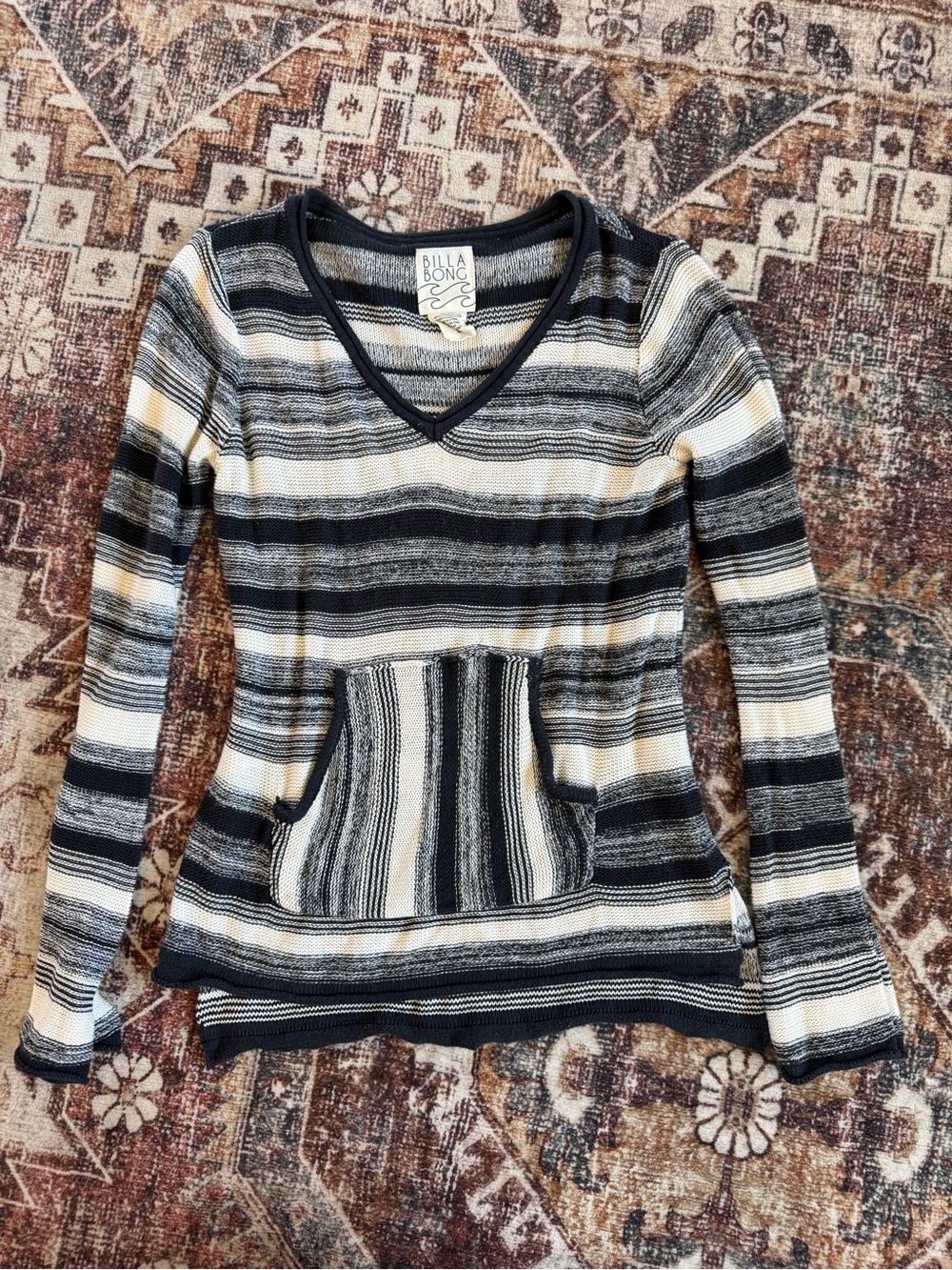 Billabong Black, Cream & Tan Striped V-Neck Hoodie